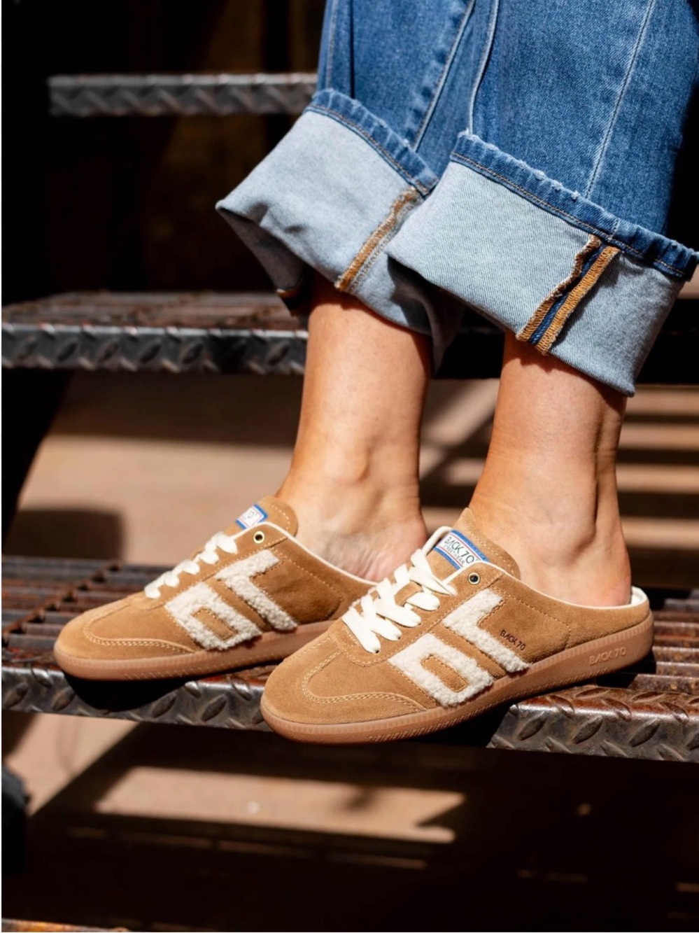 Women’s Tan Suede Mule Sneakers with Shearling Accent